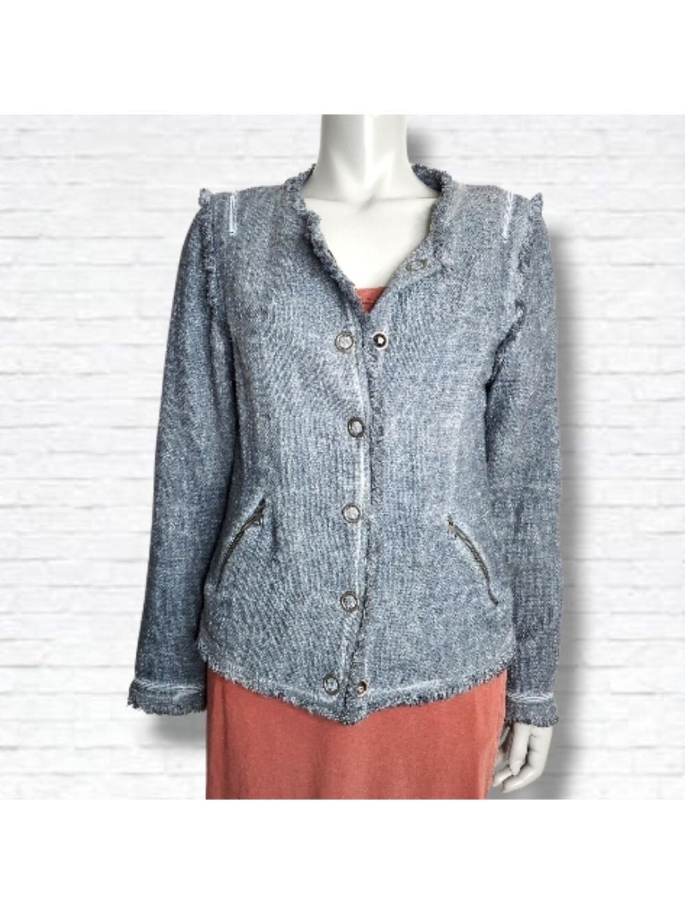 Lauren Vidal Cotton Denim Fringe Detail Snap Button Blazer Jacket Size M
